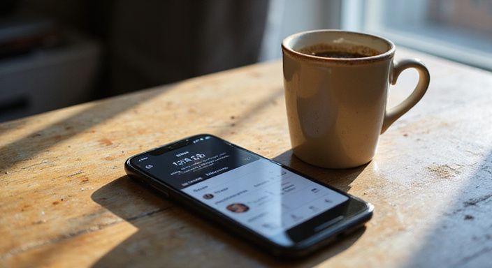Ein Smartphone auf einem holzernen Schreibtisch neben einer Kaffeetasse. Ein Smartphone auf einem holzernen Schreibtisch neben einer Kaffeetasse.
