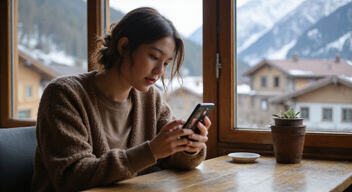 Eine Frau schaut konzentriert auf ihr Smartphone in einem Café. Eine Frau schaut konzentriert auf ihr Smartphone in einem Café und wollen Flirtkontakte in Schweiz.
