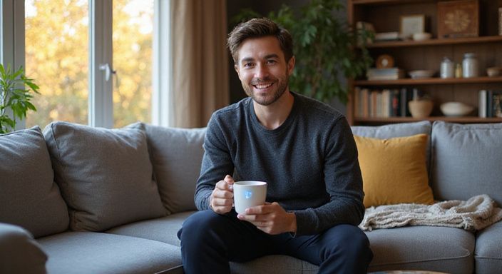 Eine überraschend lachende Person sitzt entspannt auf einer Couch. Eine überraschend lachende Person sitzt entspannt auf einer Couch.