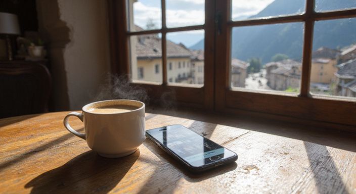 Ein Smartphone zeigt ein Dating-App-Interface neben einer Cappuccino-Tasse. Ein Smartphone zeigt ein Dating-App-Interface neben einer Cappuccino-Tasse.