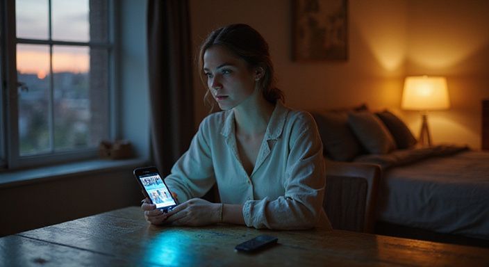 Eine Frau in Loungewear scrollt entspannt durch eine Dating-App. Eine Frau in Loungewear scrollt entspannt durch eine Dating-App für Flirtkontakte in Schweiz.