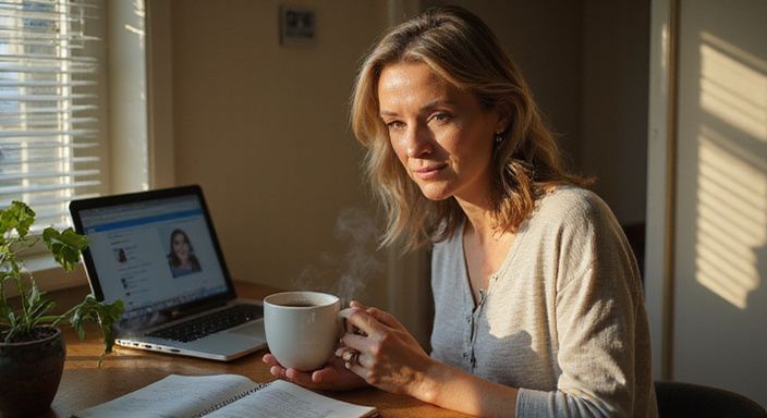 Eine nachdenkliche Frau nutzt ihr Handy zum Online-Dating. Eine nachdenkliche Frau nutzt ihr Handy zum Online-Dating.