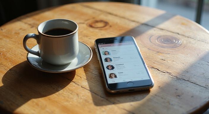 Ein Smartphone zeigt eine Dating-App auf einem abgenutzten Holztisch. Ein Smartphone zeigt eine Dating-App f"r Flirtkontakte in Schweiz auf einem abgenutzten Holztisch.