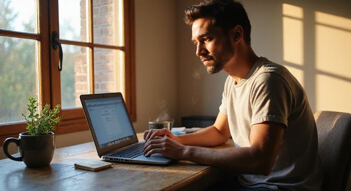 Eine Person tippt konzentriert an einem Laptop in ihrem Schlafzimmer. Eine Person tippt konzentriert an einem Laptop in ihrem Schlafzimmer und suche Flirtkontakte in Schweiz.