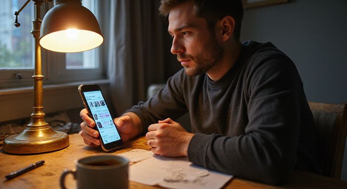 Eine Person in entspannter Haltung scrollt durch eine Dating-App. Eine Person in entspannter Haltung scrollt durch eine Dating-App für Flirtkontakte in Schweiz.