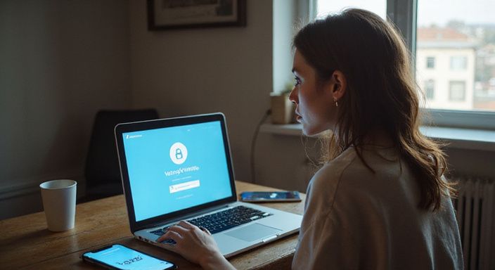 Eine Frau nutzt digitale Sicherheitsmaßnahmen beim Online-Dating. Eine Frau nutzt digitale Sicherheitsmaßnahmen beim Online-Dating für Flirtkontakte in Schweiz.