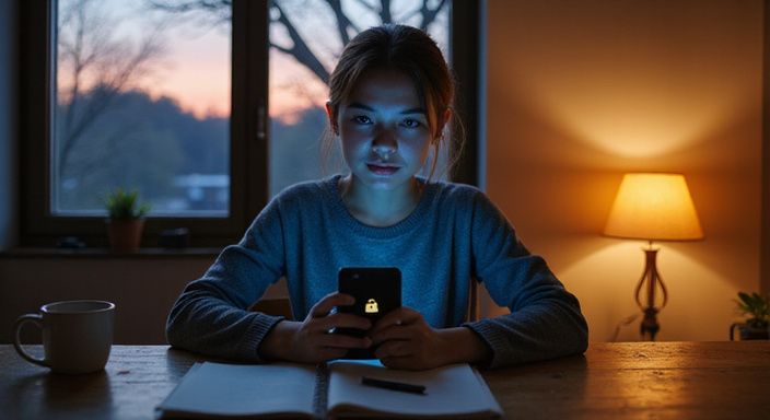 Eine konzentrierte Frau sitzt an einem Holztisch mit Smartphone. Eine konzentrierte Frau sitzt an einem Holztisch mit Smartphone.
