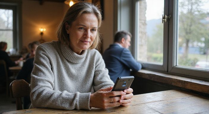 Eine Frau in entspannter Pose schaut hoffnungsvoll auf ihr Smartphone. Eine Frau in entspannter Pose schaut hoffnungsvoll auf ihr Smartphone.