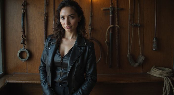 Eine selbstbewusste Frau in Lederjacke posiert vor BDSM-Ausrüstung.