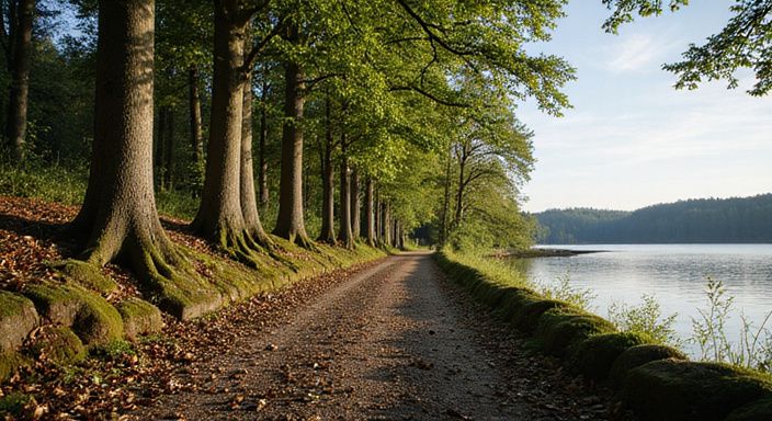 Ein ruhiger Waldweg führt zum spiegelnden See in Neuchâtel.