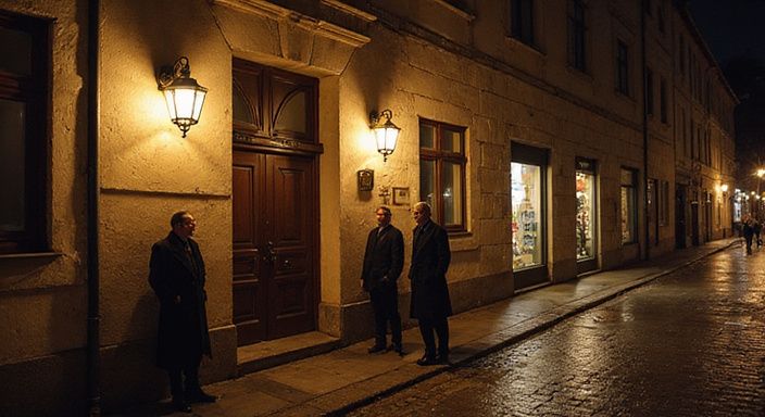 Ein bescheidener Hotel-Eingang in einer ruhigen, steinernen Straße.