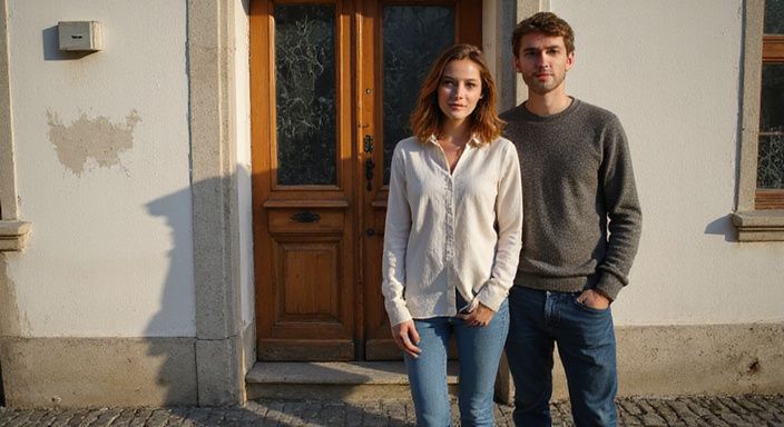 Ein Paar posiert entspannt vor einem bescheidenen Wohnhaus in Neuenburg.