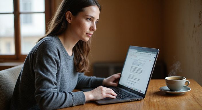 Eine Frau arbeitet konzentriert an einem Laptop an einem Schreibtisch.