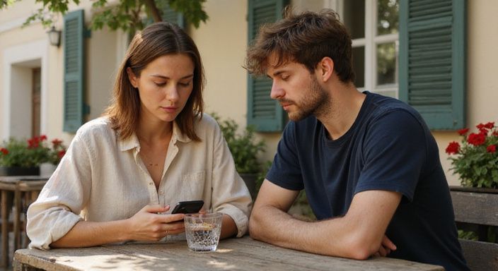 Ein Paar in einem Café teilt einen nachdenklichen Moment.