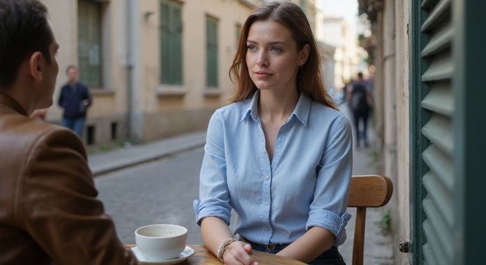 Eine Frau spricht mit einem Dienstleister in einem gemütlichen Café.