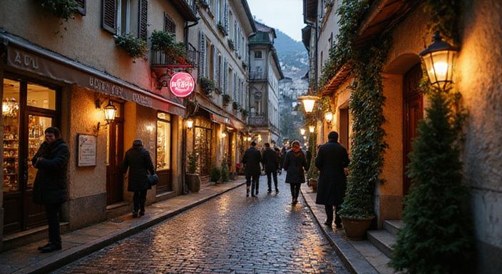 Eine schmale Kopfsteinpflasterstraße in Schwyz mit einladenden Lokalitäten.