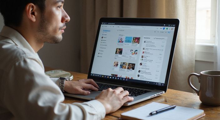 Eine Person nutzt ein offenes Laptop in einem gemütlichen Arbeitsbereich.