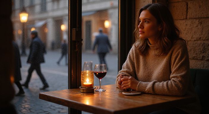 Eine Frau genießt Wein an einem kleinen Holztisch in einer Bar und wollen sexkontakt in Tessin.