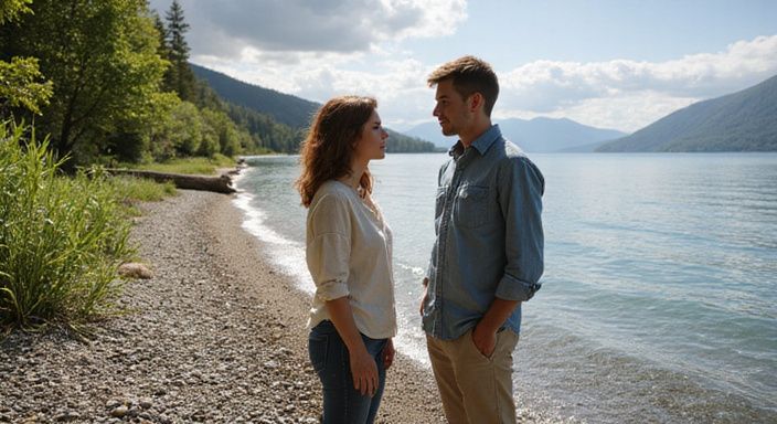 Ein Paar trifft sich an einem ruhigen Kiesstrand am See und wollen sexkontakt in Tessin.
