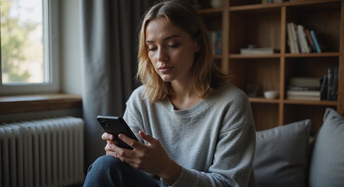 Eine konzentrierte Frau sitzt mit einem Smartphone in einem ruhigen Raum.
