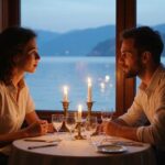 Ein Paar sitzt an einem eleganten Tisch in einem Restaurant