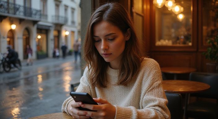 Eine Frau in einem Café scrollt geduldig durch eine Dating-App für sexkontakt in Tessin.