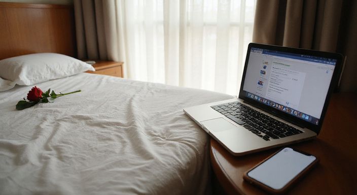 Ein gemütliches Hotelzimmer mit einem Bett, Smartphone und Laptop.