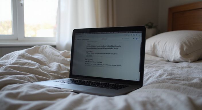 Ein gemütliches Schlafzimmer mit einem Laptop und persönlichen Nachrichten.