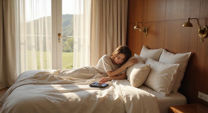 Ein elegantes Hotelzimmer mit einem gemütliches Bett und entspannter Atmosphäre.
