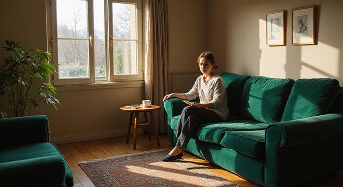 Eine Person sitzt nachdenklich in einem eleganten Sessel und liest.