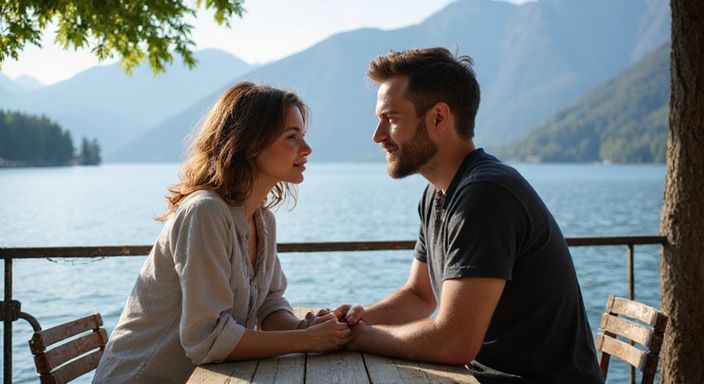 Ein Paar sitzt entspannt in einem Café am Lago di Lugano.