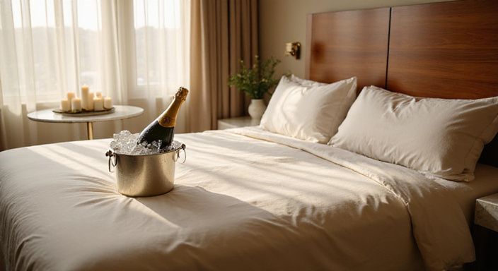 Luxuriöse Hotelsuite mit edlem Bett und Champagner auf Tisch.