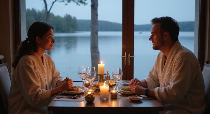 Ein Paar genießt ein romantisches Abendessen in einem privaten Spa und wollen sexkontakt in Waadt.