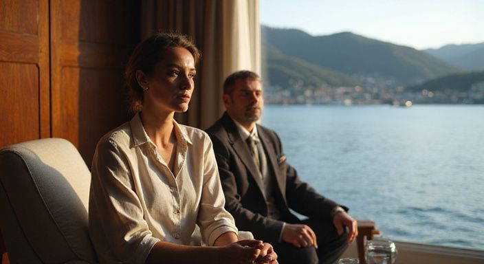 Ein Paar sitzt in einem eleganten Hotelzimmer mit Seeblick.