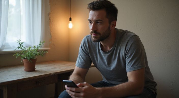 Ein Mann schaut konzentriert auf sein Smartphone in einem einfachen Raum.