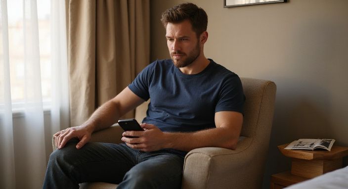 Ein nachdenklicher Mann sitzt alleine auf einem Sessel im Hotelzimmer.