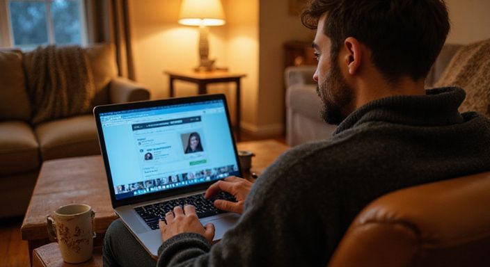 Eine Person nutzt entspannt einen Laptop in ihrem Wohnzimmer.
