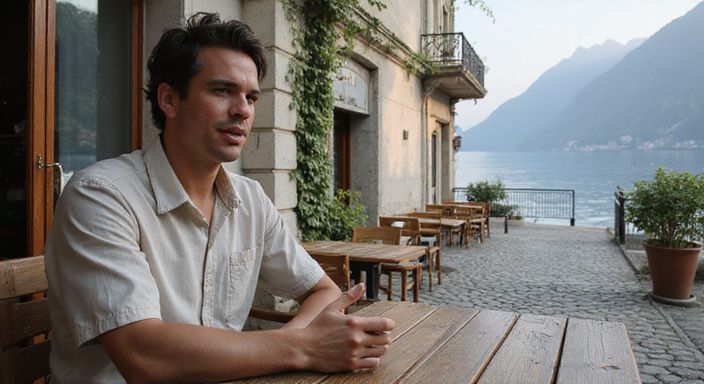 Eine Person sitzt entspannt in einem Café in Vevey.