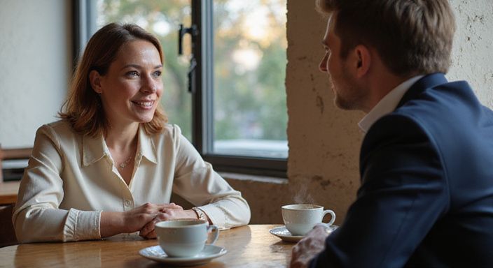 Eine Frau in einem Café lächelt, während sie mit einem Mann spricht über sexkontakt in Waadt.