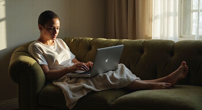 Eine Person entspannt auf einem samtigen Sofa mit Laptop.