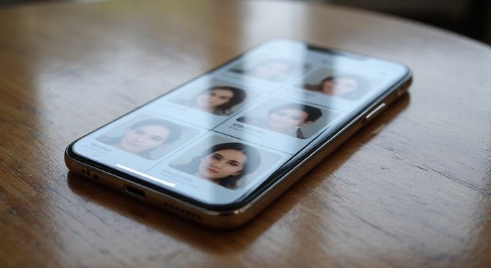 Ein modernes Smartphone zeigt eine elegante Dating-App-Oberfläche.