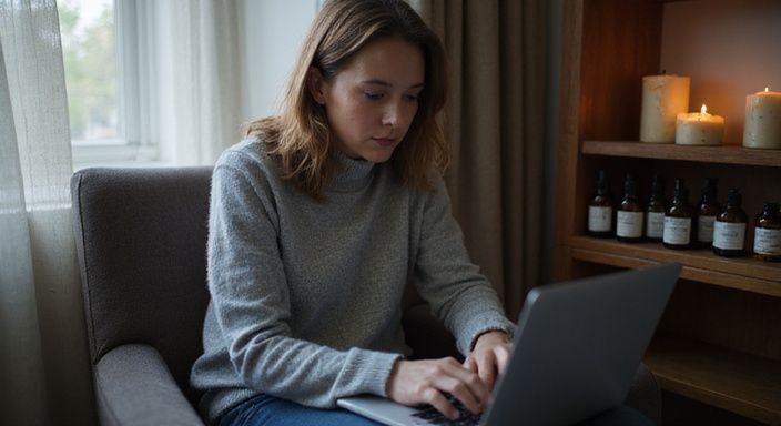 Eine Frau sitzt nachdenklich in einem gemütlichen Raum.