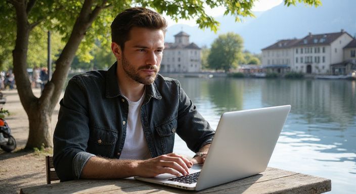 Junger Erwachsener am Laptop in einem Café, sucht sexkontakt in Zug.