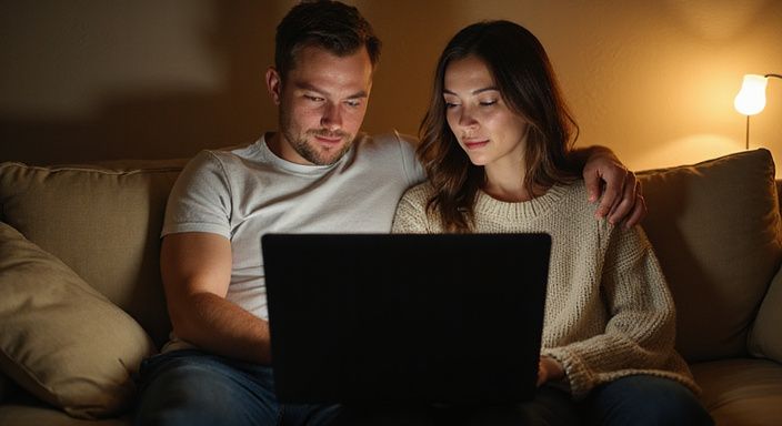 Ein Paar betrachtet gemeinsam eine Website auf ihrem Laptop und wollen sexkontakt in Zug.