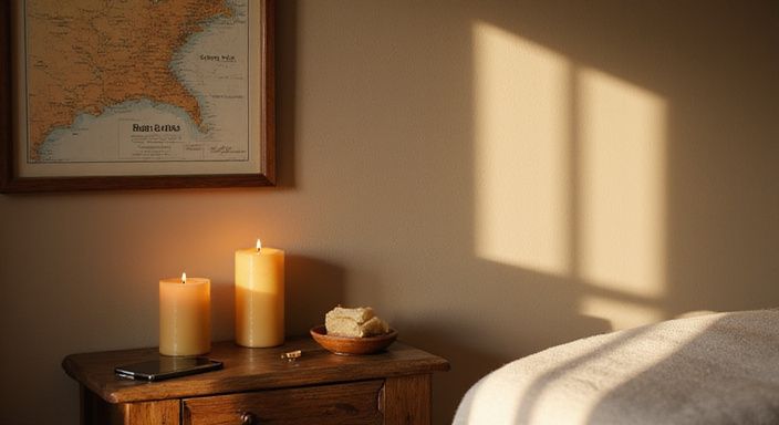 Ein einladender Massageraum mit Kerzen und einer Ruhe-Atmosphäre.