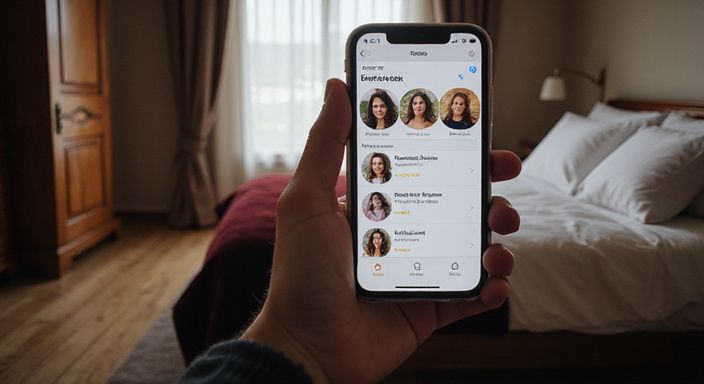 Ein Smartphone zeigt ein Dating-App-Profil in einem Schlafzimmer.