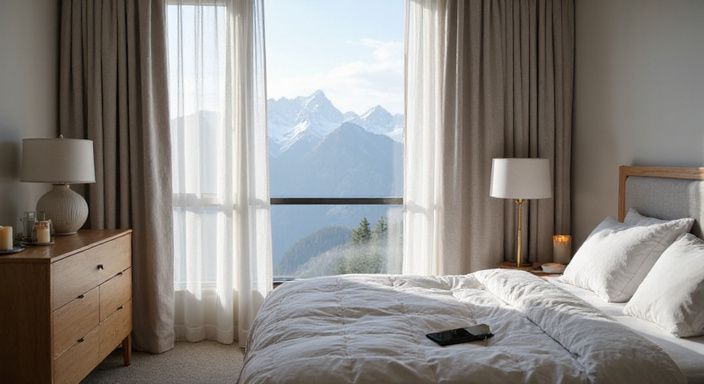 Ein stilvolles Hotelzimmer mit Blick auf schneebedeckte Alpen.