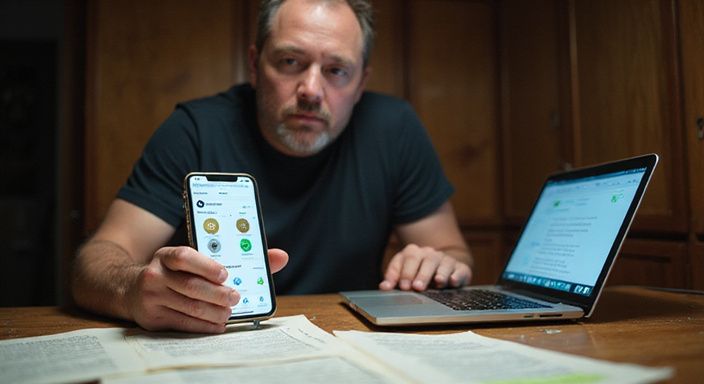 Ein Mann analysiert Sicherheitsmerkmale auf seinem Smartphone in einem Heimbüro.