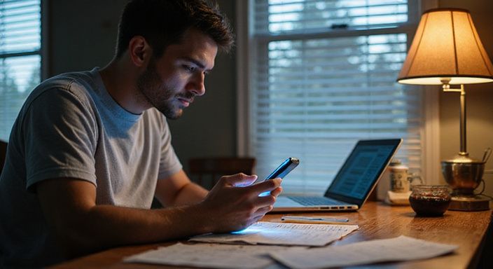 Junger Erwachsener konzentriert sich auf sein Smartphone in heimischem Büro.