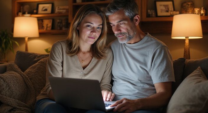 Ein Paar erkundet gemeinsam digitale Gemeinschaftsfunktionen auf einem Laptop und wollen Sexuelle Begegnung finden.